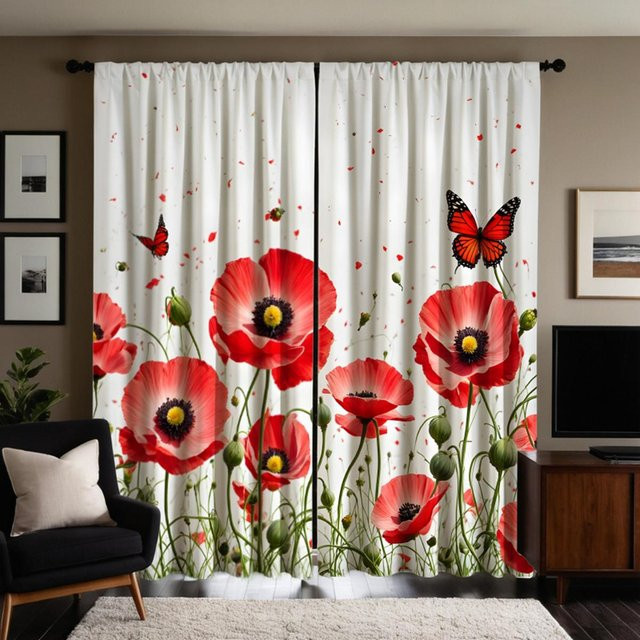 2er Set dekorative Vorhänge mit rosa Blumen und Schmetterlingen in Weiß, B: 132 cm, H: 160 cm - Bild 1