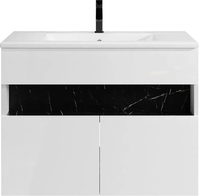 Einzelwaschtisch Pogeza in Schwarz-Weiß mit Marmor-Optik, Breite: 80 cm - Bild 1