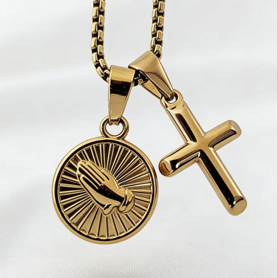 MECYLIFE Halskette Gebetshände, Kreuz, Edelstahl, Gold, Herren - Bild 5