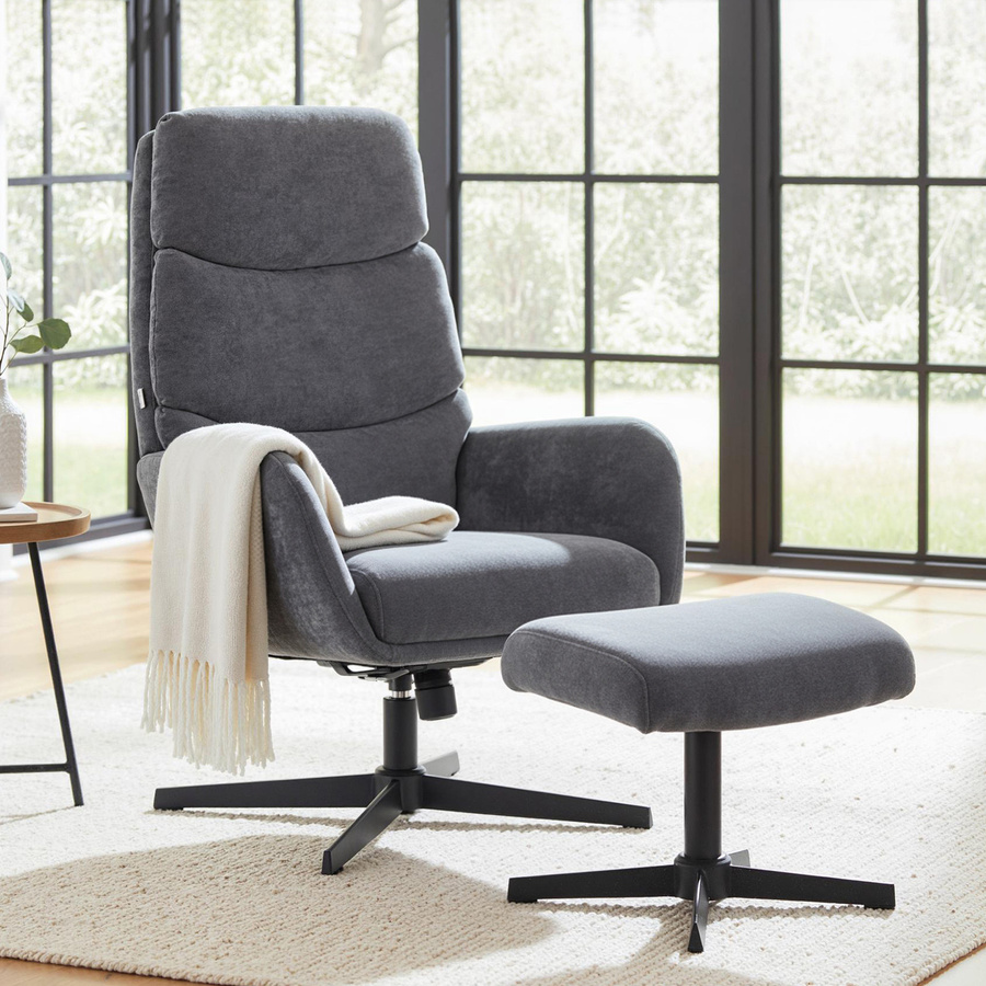 HOMCOM Relaxsessel mit Hocker in Grau, Loungesessel mit hoher Rückenlehne und Wippfunktion in Leinenoptik mit Metallsockel - Bild 2
