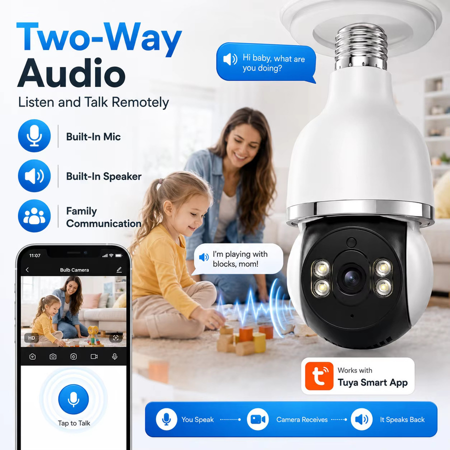 AUBERON E27 Smart Glühbirnen-Kamera mit 2K HD Auflösung, Tuya APP Steuerung, WLAN, PTZ Schwenk-Neige, Wasserdicht, Nachtsicht, Bewegungserkennung und Zwei-Wege-Audio, Farbe: Weiß - Bild 4