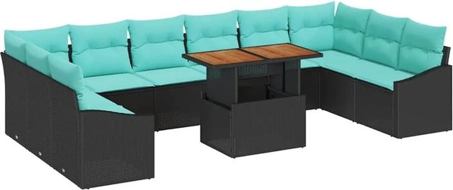 vidaXL Garten Essgruppe aus Poly-Rattan und Akazienholz mit 11 Teilen in Schwarz und Türkis - Bild 1
