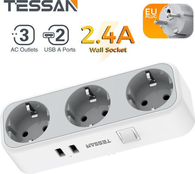 TESSAN USB-Wandsteckdosenverlängerung mit 3 AC-Steckdosen und 2 USB-Anschlüssen in Weiß mit Überlastschutzschalter und EU-Stecker - Bild 1