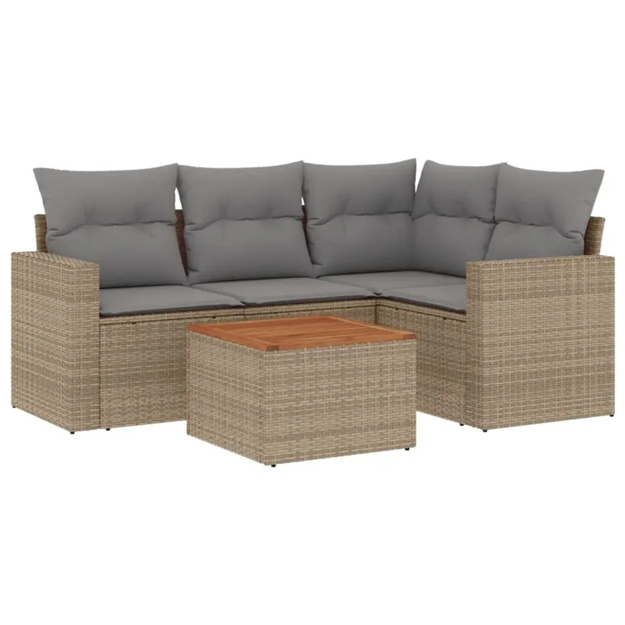 vidaXL 5-tlg. Garten-Sofagarnitur in L-Form aus Poly-Rattan und Akazienholz mit Kissen in Beige - Bild 2