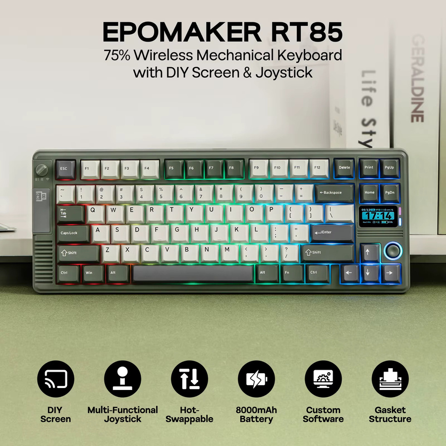 EPOMAKER RT85 Mechanische Tastatur mit Joystick und DIY-Bildschirm, 75 % ANSI US-Layout, kabellos via Bluetooth oder 2,4 GHz sowie kabelgebunden, Weiß/Grau - Bild 2