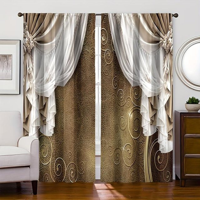 Bedruckte Vorhänge mit Naturmotiv in Beige, 2er-Set mit Aufhängung für Wohnzimmer, Küche oder Schlafzimmer, B: 65 cm, H: 60 cm - Bild 1