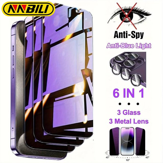 NNBILI 6in1 Schutzset für iPhone 16 Pro Max 15 14 13 12 11 Mini Plus mit 3 blauem Licht-Sichtschutz-Hartglas und 3 violetten Metalllinsen - Bild 1