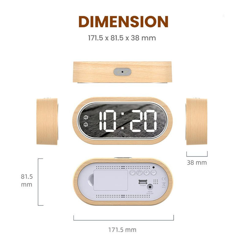 Tooarts Digitaluhr aus Buchenholz mit Thermometer, LED-Beleuchtung und Dual-Alarm in Braun, B/T/H: 17,15 x 8,15 x 3,8 cm - Bild 4