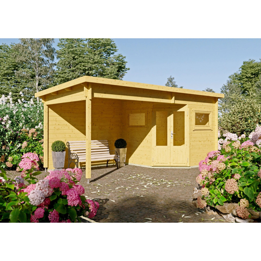 Fjordholz 5-Eck Gartenhaus Modell Leva 2C aus imprägnierter Kiefer in Braun und Gelb mit Fenster und Tür - Bild 1