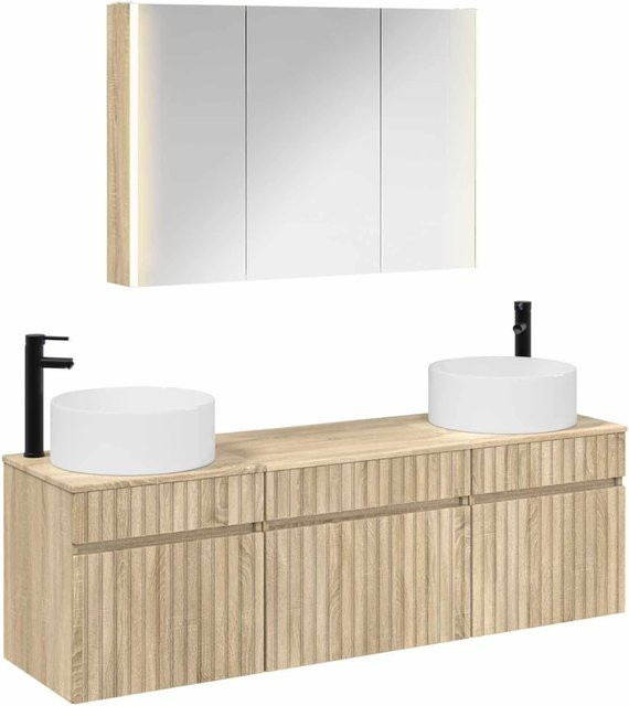 vidaXL Badezimmerschrank-Set 4-teilig in Sonoma-Eiche, modern mit LED-Beleuchtung und Spiegelschrank, Farbe Braun, B/H/T: 103,5 x 70 x 15,5 cm - Bild 1
