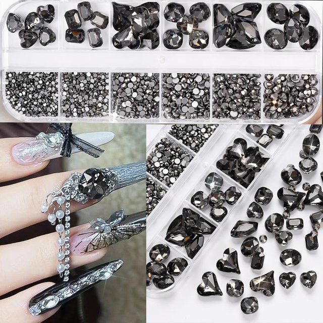 Nail Art Strasssteine Schwarz, Glänzend, Herz Runde Quadratische Steine - Bild 1