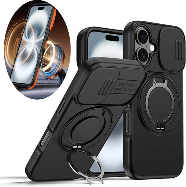 CYYWN Magnetische Handyhülle mit 360 Grad drehbarem Ständer und Kameraschutz für iPhone 16 15 14 13 Pro Max Plus MagSafe kompatibel in Schwarz und Silber - Bild 1