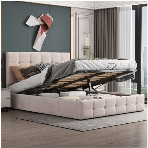 Gepolstertes Bett MUVOE mit hydraulischem Klapp-Stauraum und verstellbarem Kopfteil in Beige aus Samt, B/T/H: 140 x 200 x 106 cm - Bild 1