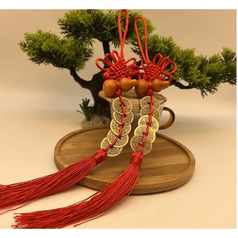 Chinesische Feng Shui-Münzen mit handgefertigtem rotem Netzknoten als hängende Dekoration für Erfolg und Reichtum in Rot - Bild 6