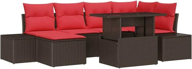 vidaXL Garten-Sofa-Set aus Polyrattan in U-Form mit 7 Teilen in Braun und Rot inklusive Kissen und Couchtisch - Bild 1
