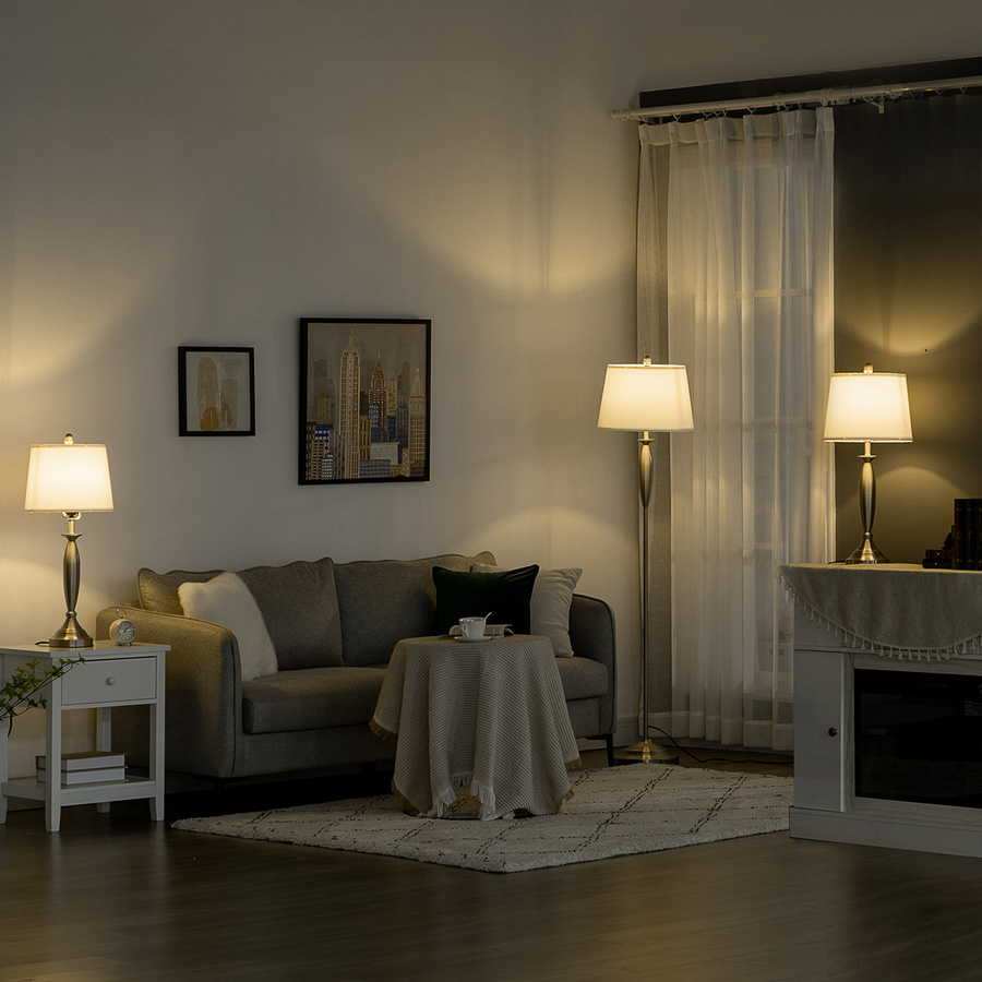 HOMCOM 3-teiliges Lampenset mit 1 Stehleuchte und 2 Tischleuchten in Silber und Weiß, modernes Design aus Stahl und Leinen, E27, B/H/T: 38 x 162 x 38 cm - Bild 2
