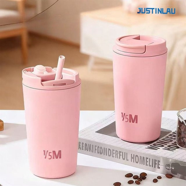 JUSTINLAU Thermoskanne als Kaffeetasse für Kinder mit Strohhalm, Isolierflasche aus Edelstahl, Farbe: Pink, 355 ml (12oz) - Bild 1