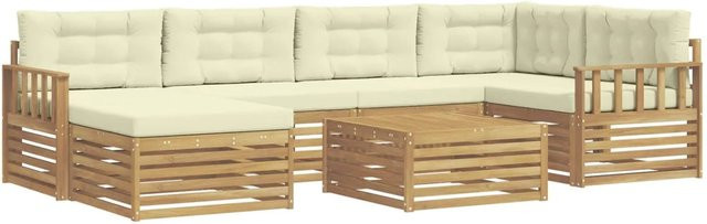 vidaXL Outdoor-Sofagarnitur aus Akazienholz mit 7 Kissen in Weiß und Beige - Bild 1