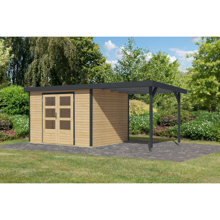 Karibu Gartenhaus Ernesto mit Anbaudach in Natur und Anthrazit, B/T/H: 298 x 209 x 242 cm - Bild 2