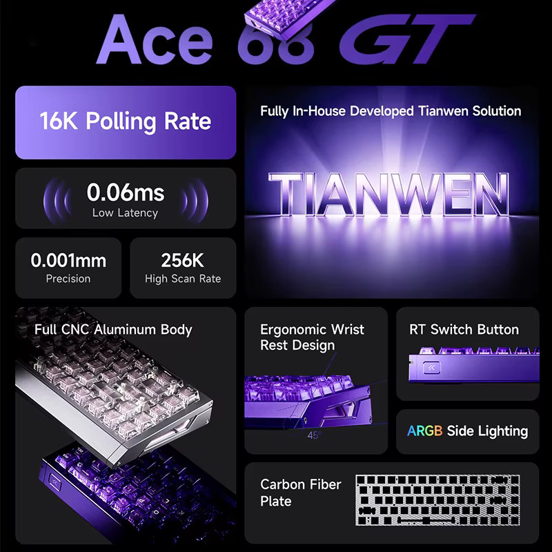 MCHOSE Ace68 GT Gaming-Tastatur aus Aluminiumlegierung mit Magnetschaltern, 68 Tasten, 8000Hz Polling-Rate und Hall-Effect Technologie, Multicolor - Bild 2