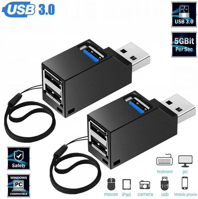 Tutew Mini USB 3.0 auf 3 Ports Hub Adapter Extender Splitter in Schwarz für PC und Laptop - Bild 1