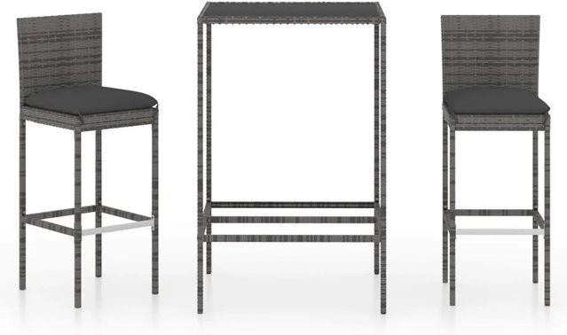 vidaXL 3-tlg Gartenbar-Set aus Poly Rattan mit Kissen und gehärtetem Glas in Grau/Anthrazit - Bild 1