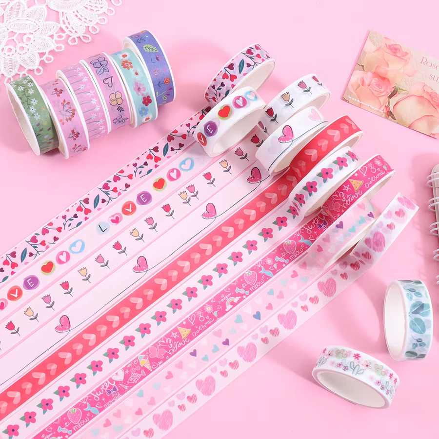 Washi-Tape-Set mit Herz- und Blumen-Motiven in Pink, 12 Rollen Papier-Dekorband für Journaling, Scrapbooking und DIY-Bastelarbeiten - Bild 1