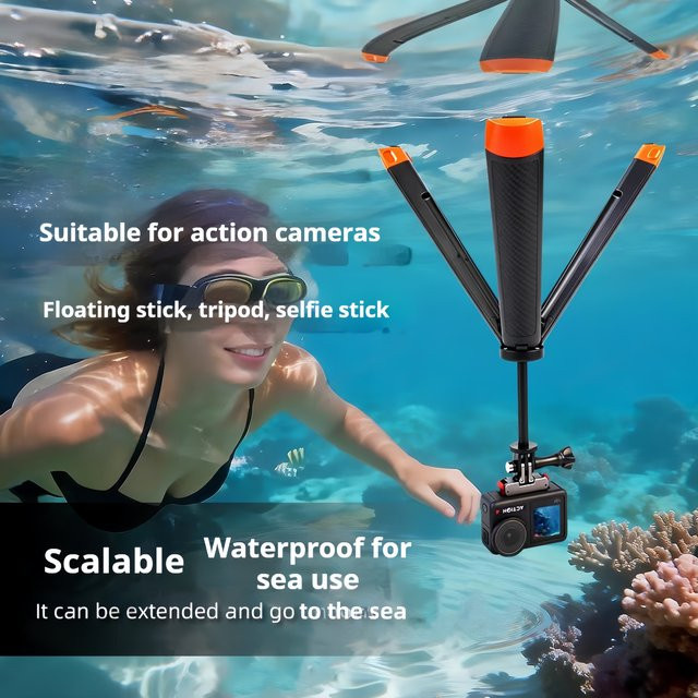 Schwimmender Selfie-Stick und Teleskop-Stativ als wasserdichter Schwimmgriff für DJI Action 6/5 Pro/4, GoPro und Insta360 Ace Pro 2 in Schwarz - Bild 1