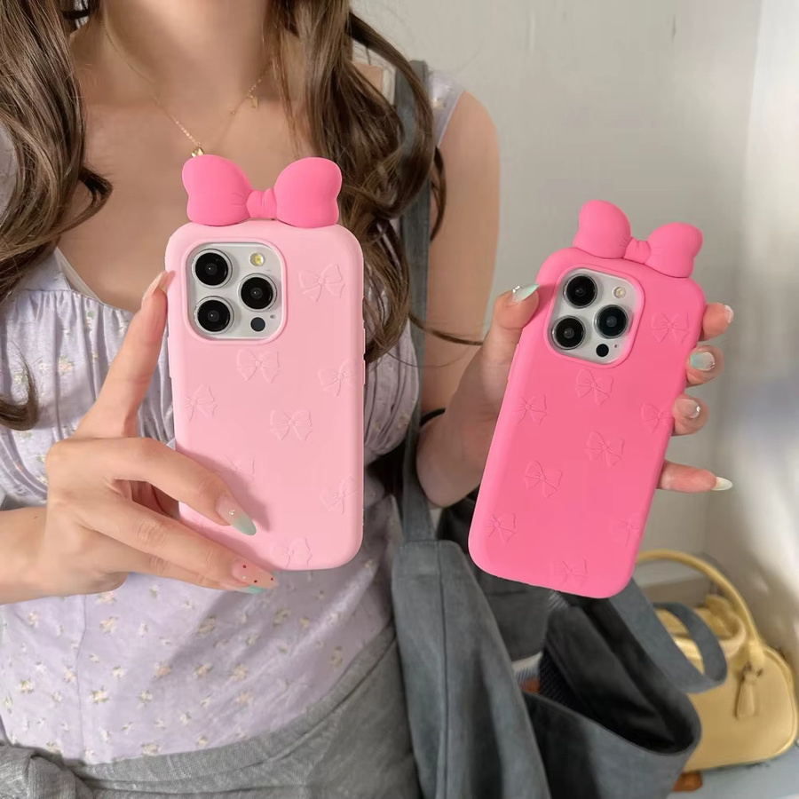 Rosa Silikon Handyhülle mit dreidimensionaler Schleife für Apple iPhone 16, 15, 14 und 13 Pro Max - Bild 5