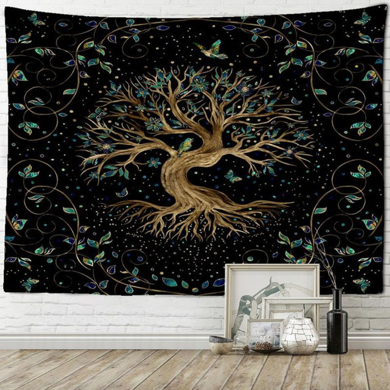 Binchi Outdoor Equipment Wandbehang Baum des Lebens im Bohemian Stil, psychedelischer Engel mit floralem Muster, Schwarz, B/H: 95 x 70 cm - Bild 1