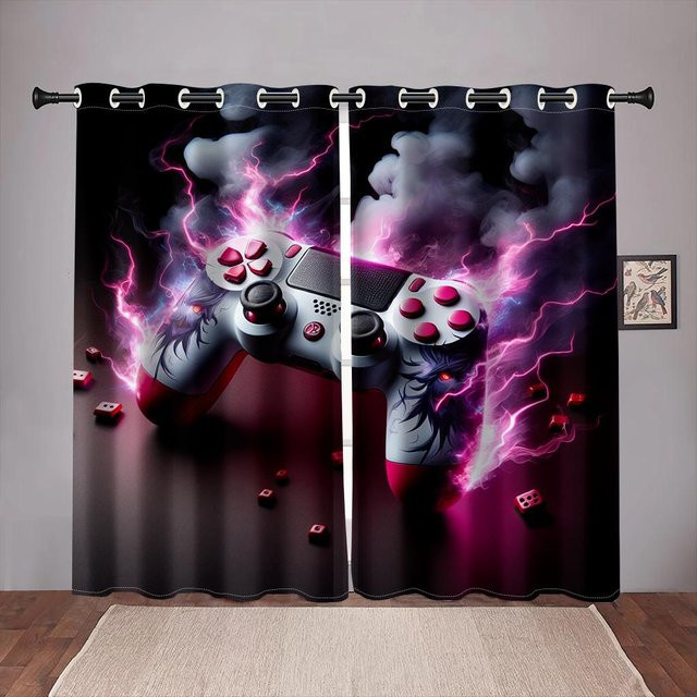 Yiran Furniture Gamer Vorhänge mit Videospiel-Controller Motiv, 2er-Set, halbtransparent, Multicolour, Breite: 100 cm, Höhe: 130 cm - Bild 1