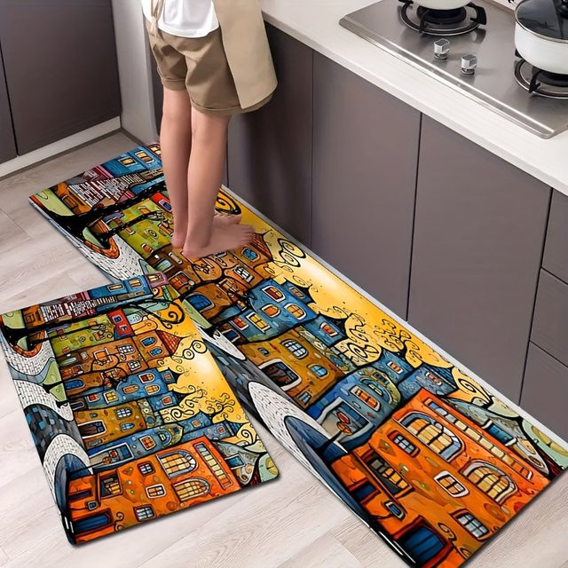 VIKAMA Teppich mit abstraktem Stadtgebäude-Design, bunter Motiv-Teppich für Wohnzimmer, Schlafzimmer oder Küche, B/T: 60 x 40 cm, Mehrfarbig - Bild 1