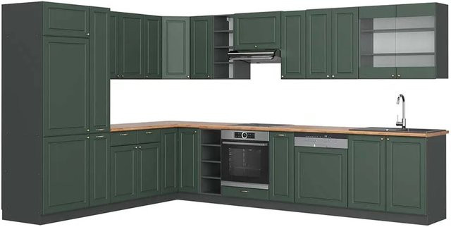 Vicco Fame-Line Eckküche Landhausstil in Grün und Anthrazit mit Eiche-Optik, B: 347 cm, B: 257 cm - Bild 1
