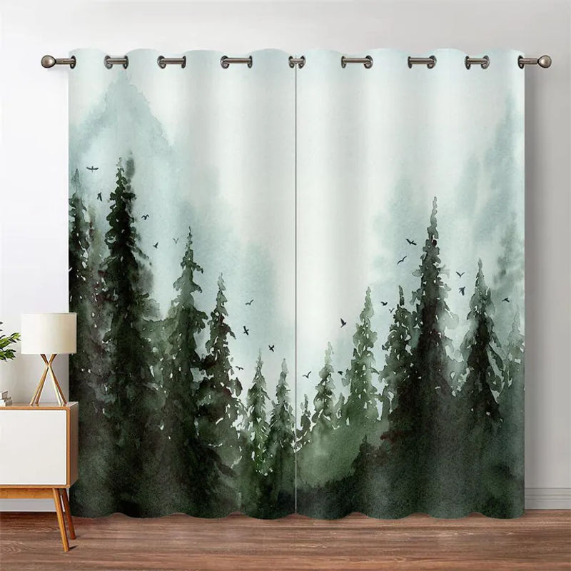 A Family Of Home Textiles Fenstervorhang mit grünem Wald und Aquarell-Baum-Silhouette, semi-transparent, Farbe: Grün, B: 220 cm, H: 214 cm - Bild 3