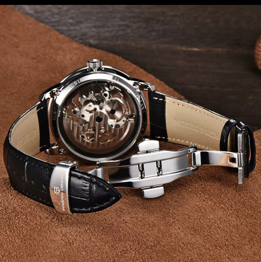Pagani Design Armbanduhr, Automatik, Edelstahl, Leder, Herren, Schwarz - Bild 6