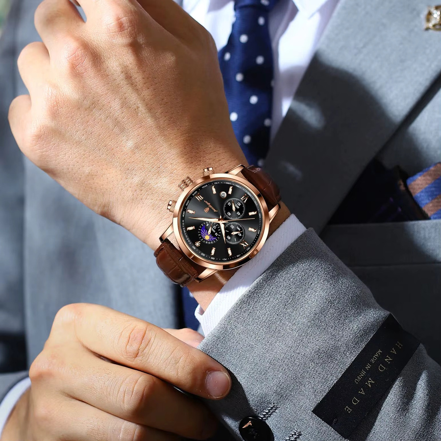 POEDAGAR Armbanduhr Chronograph, Quarz, Leder, Schwarz, Roségold, Herren - Bild 6