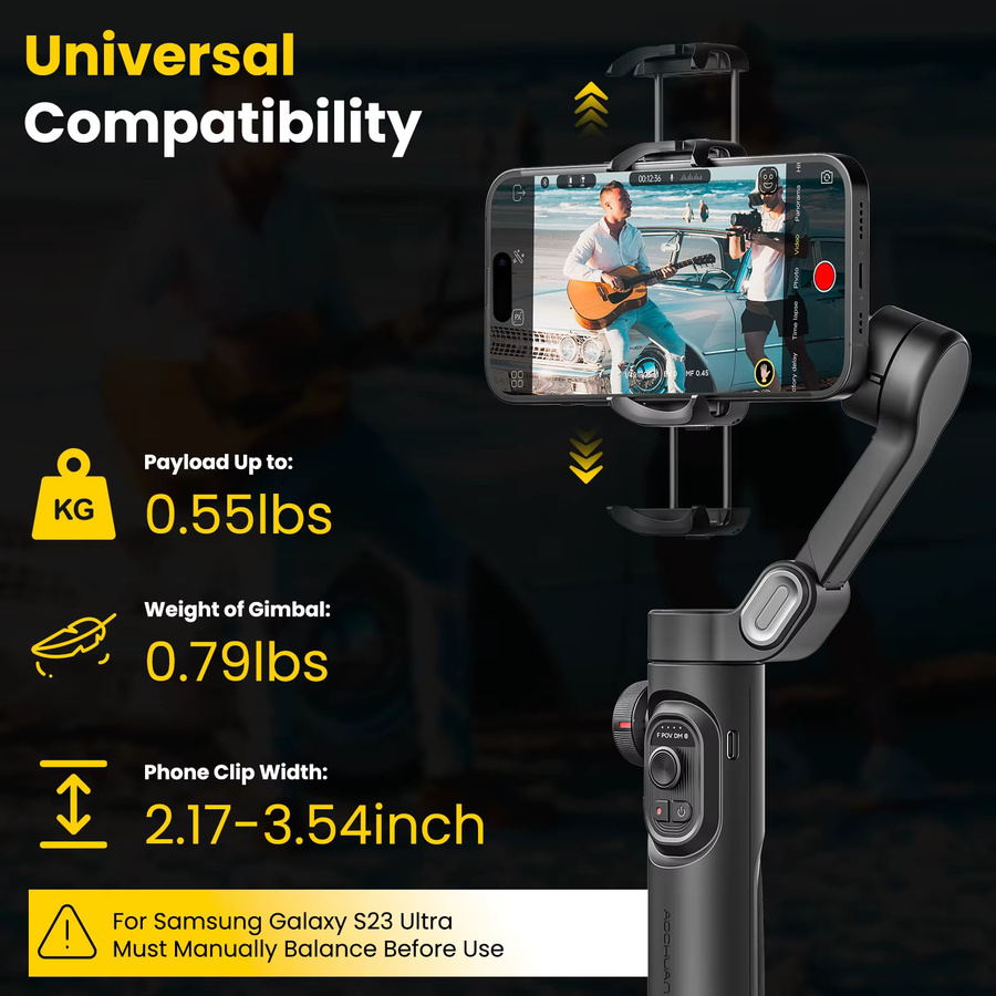 AOCHUAN Smart XE Combo1 3-Achsen-Handheld-Gimbal-Stabilisator mit Verlängerungsstange für iPhone und Android Smartphones, Schwarz - Bild 2