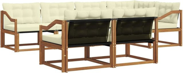 vidaXL Outdoor-Sofagarnitur 7-tlg. aus Akazienholz in L-Form mit Textilene-Elementen und Kissen in Beige und Weiß - Bild 1