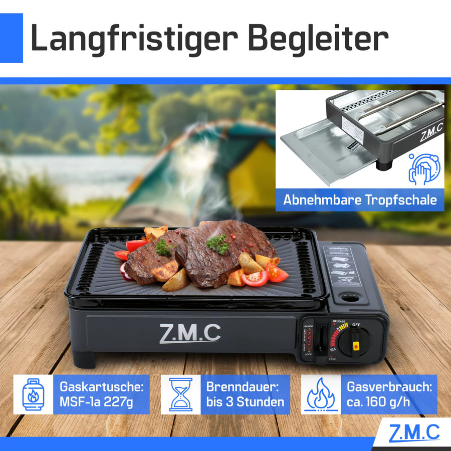 Z.M.C 2-in-1 Campingkocher und Gasgrill mit 2,2 kW Leistung, Piezo-Zündung und LPG-Anschluss, Schwarz, Tragbar mit Koffer - Bild 2