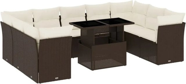 vidaXL 10-tlg Garten-Sofagarnitur aus braunem Poly-Rattan mit Kissen und Tisch in L-Form - Bild 1
