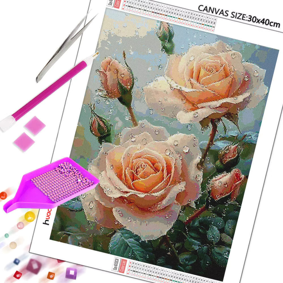 Huacan Diamantmalerei Rose mit Regentropfen als Mosaik-Strassbild für die Tischdekoration, B/H: 30 x 20 cm - Bild 2