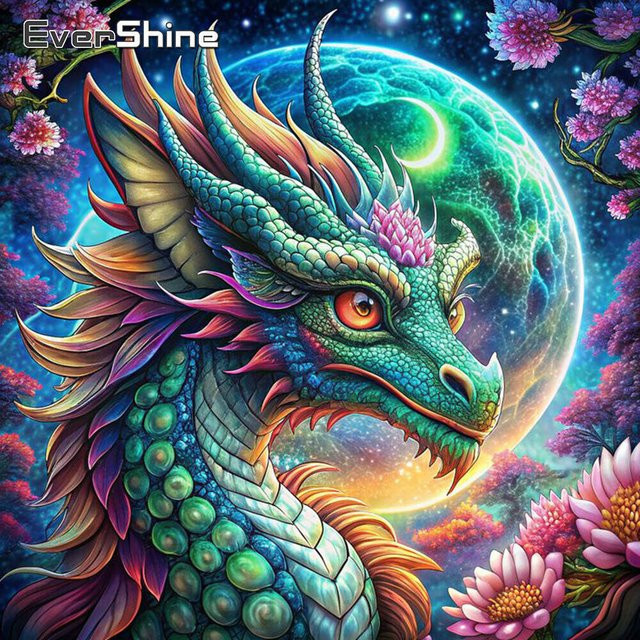 Evershine DIY Diamond Painting Set Drachen Motiv mit Blumen und Mond in Multicolor als runde Diamant Mosaik Dekoration - Bild 1