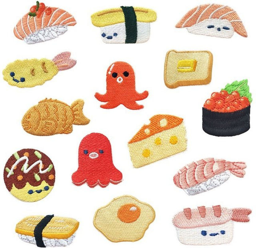 OLOEY Aufnäher Sushi Lachs und pochiertes Ei zum Aufbügeln, mehrfarbige Stickerei-Applikation als Stoff-Abzeichen für DIY-Projekte und Bekleidungszubehör - Bild 1