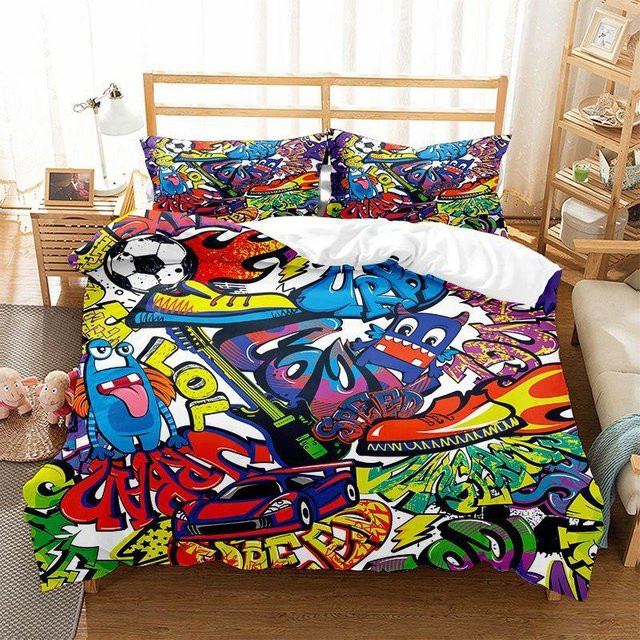 Binchi Bettwäscheset Graffiti Hip Hop Stil aus Polyester mit Kissenbezug, Mehrfarbig, B/H: 140 x 200 cm - Bild 1