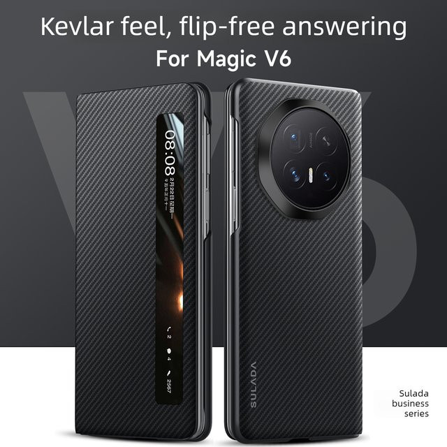 Magnetische Carbonfaser 600D Flip-Cover Hülle für Honor Magic V6 5G mit Smart Window in Schwarz und Blau - Bild 1