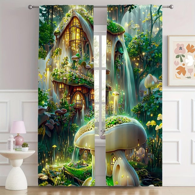 2er-Set Dekorative Vorhänge mit Pilzprint von Yiran Furniture, Mehrfarbig, Polyester, Breite: 100 cm, Höhe: 130 cm - Bild 1