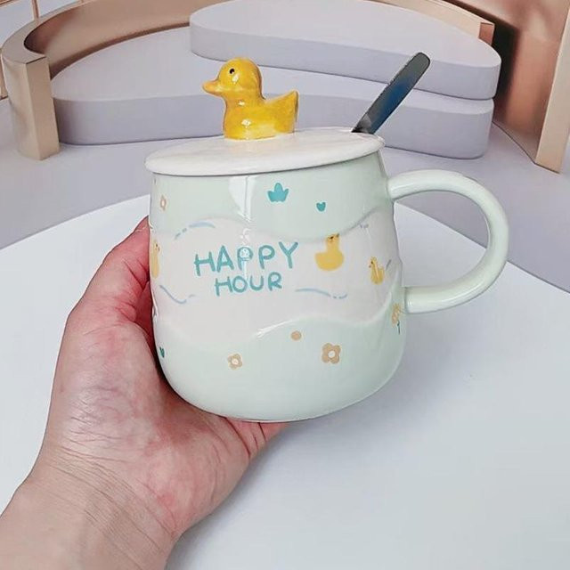 Yiran bag Keramiktasse mit Cartoon-Enten-Design, Deckel und Löffel, mikrowellengeeignet, 420 ml, mehrfarbig - Bild 1