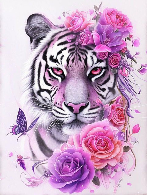 YUTTEE 5D Diamantmalerei Set Lila Rose Tiger mit Schmetterlingen und Blumen in Rosa und Mehrfarbig als DIY Mosaik-Wanddekoration - Bild 1
