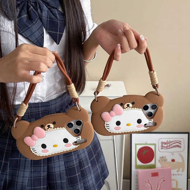 Kawaii 3D Bär Hello Kitty Handyhülle für iPhone 17 16 15 14 13 12 Pro Max Plus 16e 17 Pro mit Lanyard in Braun - Bild 1