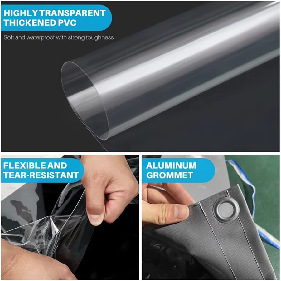 Wasserdichte Vinyl-Vorhänge mit Reißverschluss und Ösen, transparente PVC-Plane für Veranda, Pergola und Pavillon, Grau - Bild 5